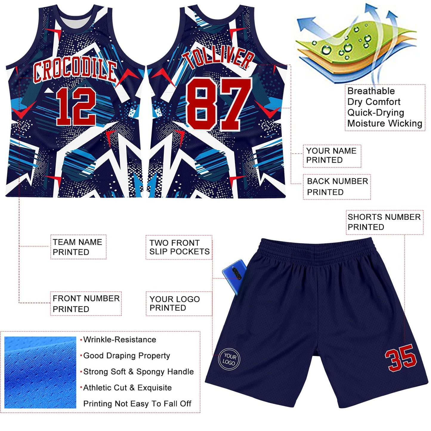 Custom Navy Red-White Geometric Shape Round Neck Sublimation Basketball Set Jersey view 3
