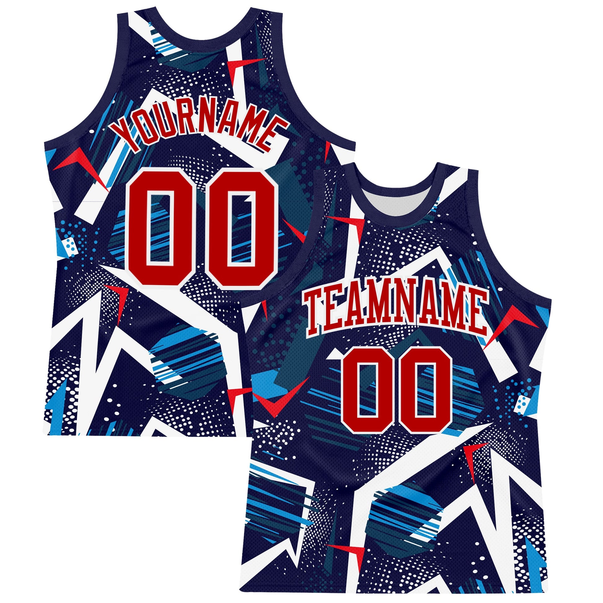 Custom Navy Red-White Geometric Shape Round Neck Sublimation Basketball Set Jersey - Main View