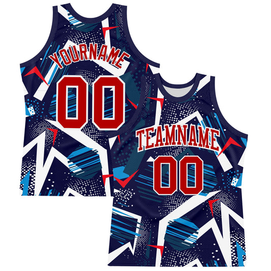 Custom Navy Red-White Geometric Shape Round Neck Sublimation Basketball Set Jersey - Main View