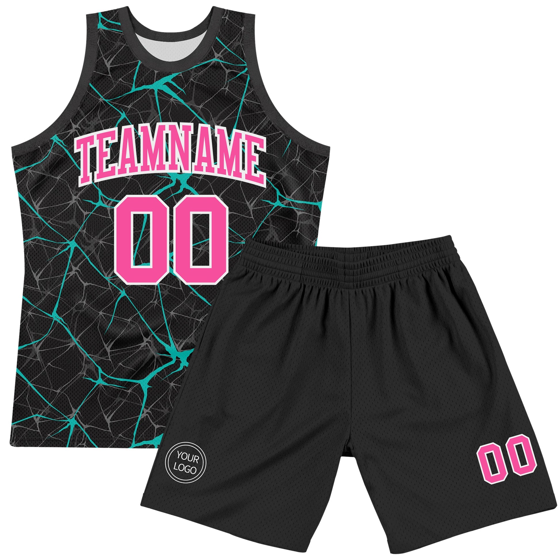 Custom Black Pink Aqua-White Abstract Network Round Neck Sublimation Basketball Set Jersey view 2