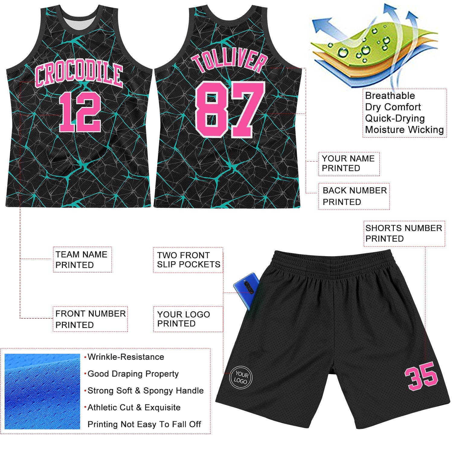 Custom Black Pink Aqua-White Abstract Network Round Neck Sublimation Basketball Set Jersey view 3