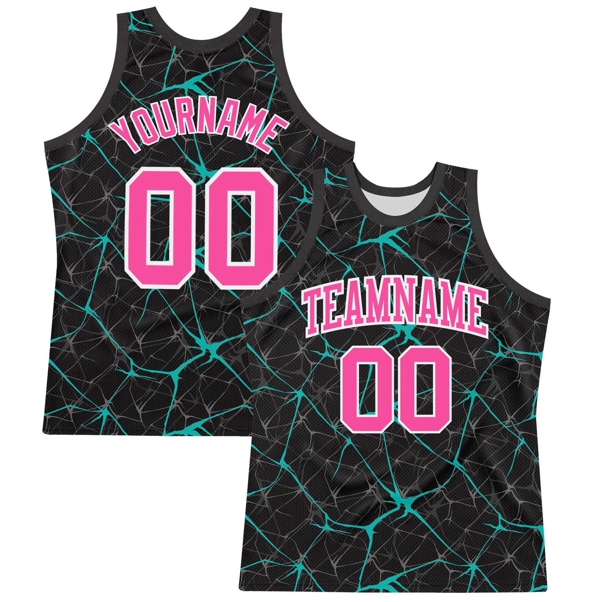 Custom Black Pink Aqua-White Abstract Network Round Neck Sublimation Basketball Set Jersey - Main View