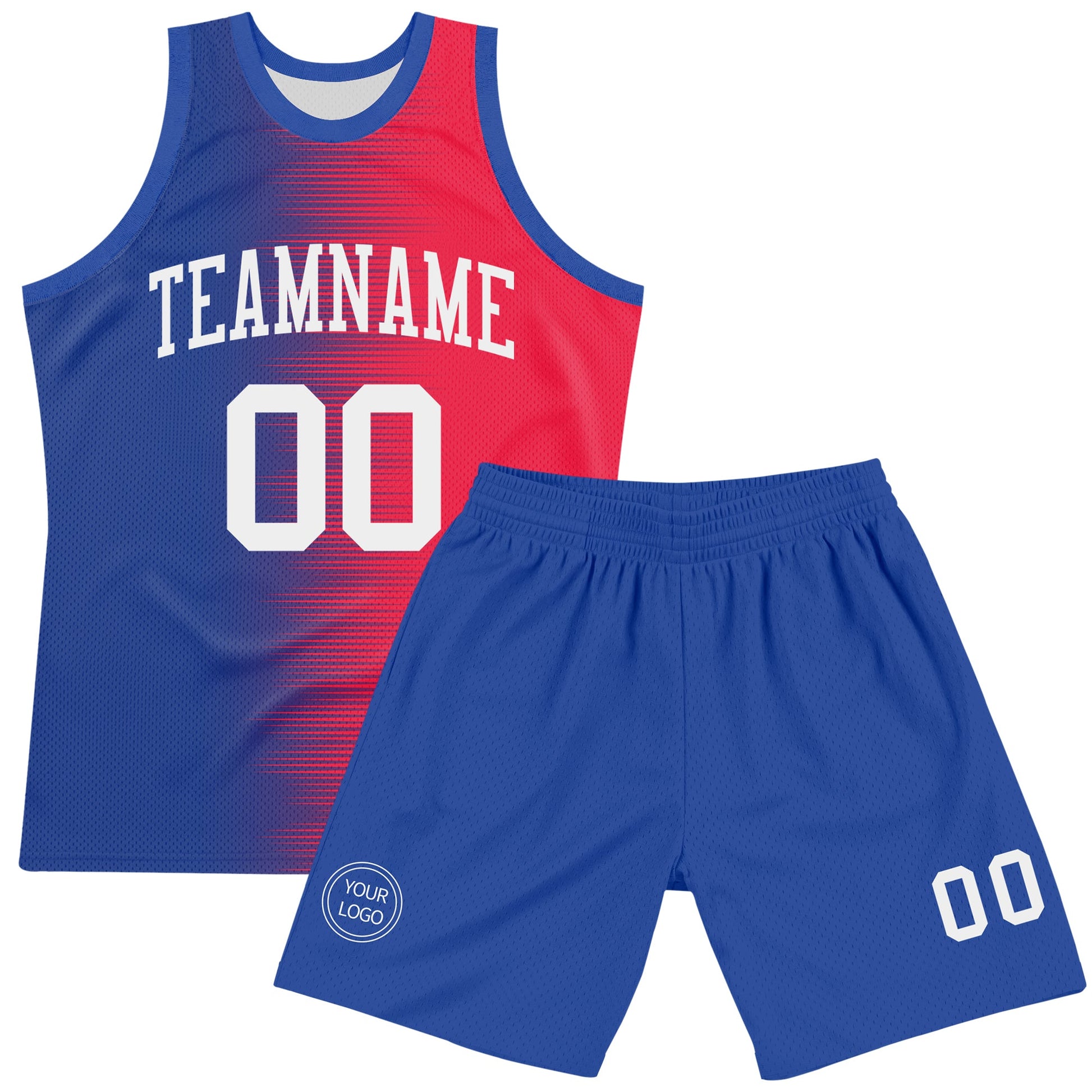 Custom Red White-Royal Gradient Line Round Neck Sublimation Basketball Set Jersey view 2