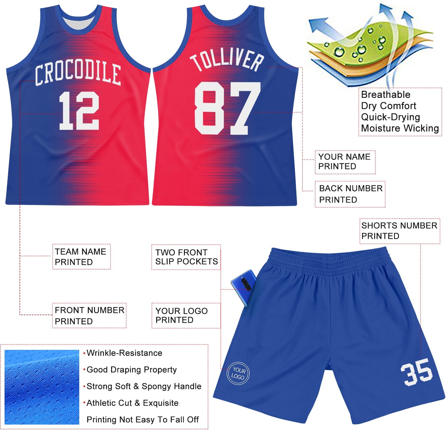 Custom Red White-Royal Gradient Line Round Neck Sublimation Basketball Set Jersey view 3