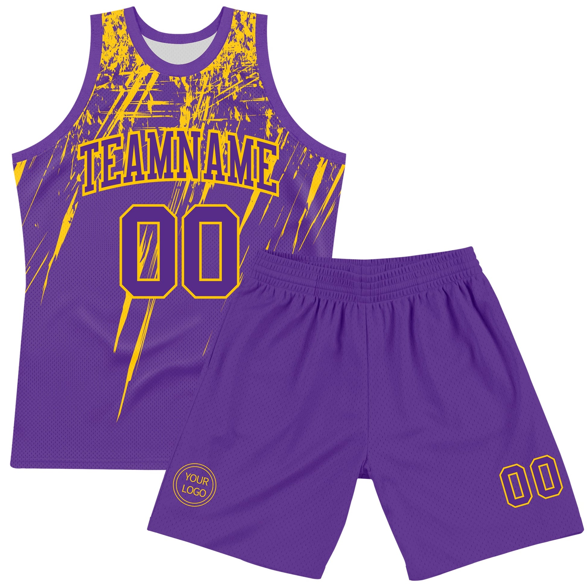 Custom Purple Yellow Splash Round Neck Sublimation Basketball Set Jersey view 2