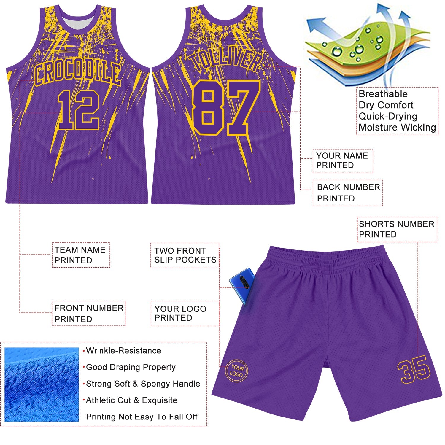 Custom Purple Yellow Splash Round Neck Sublimation Basketball Set Jersey view 3