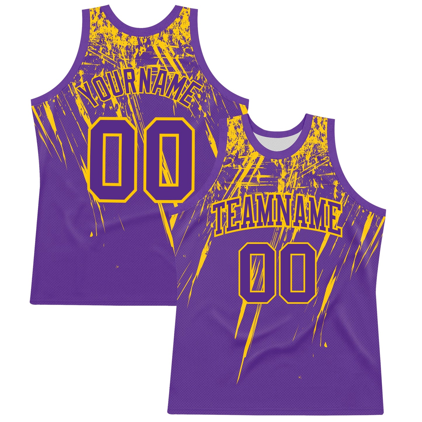 Custom Purple Yellow Splash Round Neck Sublimation Basketball Set Jersey - Main View