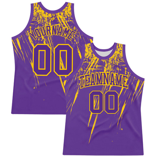 Custom Purple Yellow Splash Round Neck Sublimation Basketball Set Jersey - Main View