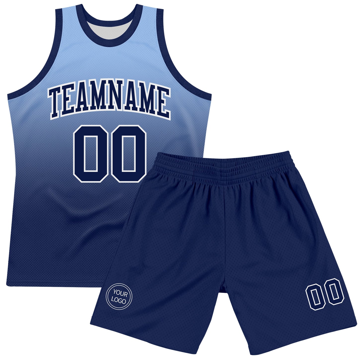 Custom Light Blue Navy-White Fade Fashion Round Neck Sublimation Basketball Set Jersey view 2