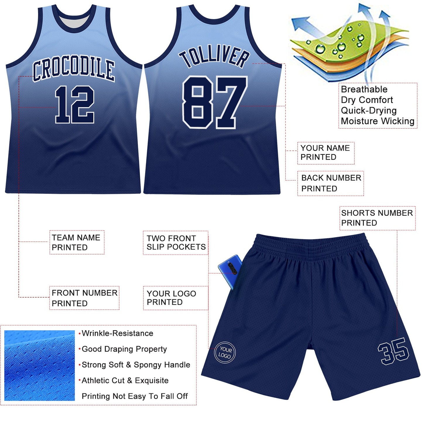 Custom Light Blue Navy-White Fade Fashion Round Neck Sublimation Basketball Set Jersey view 3