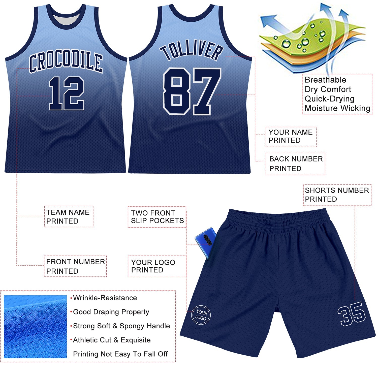 Custom Light Blue Navy-White Fade Fashion Round Neck Sublimation Basketball Set Jersey view 3