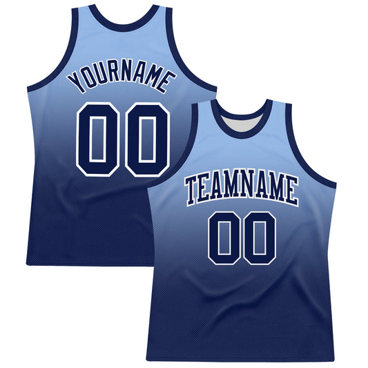 Custom Light Blue Navy-White Fade Fashion Round Neck Sublimation Basketball Set Jersey - Main View
