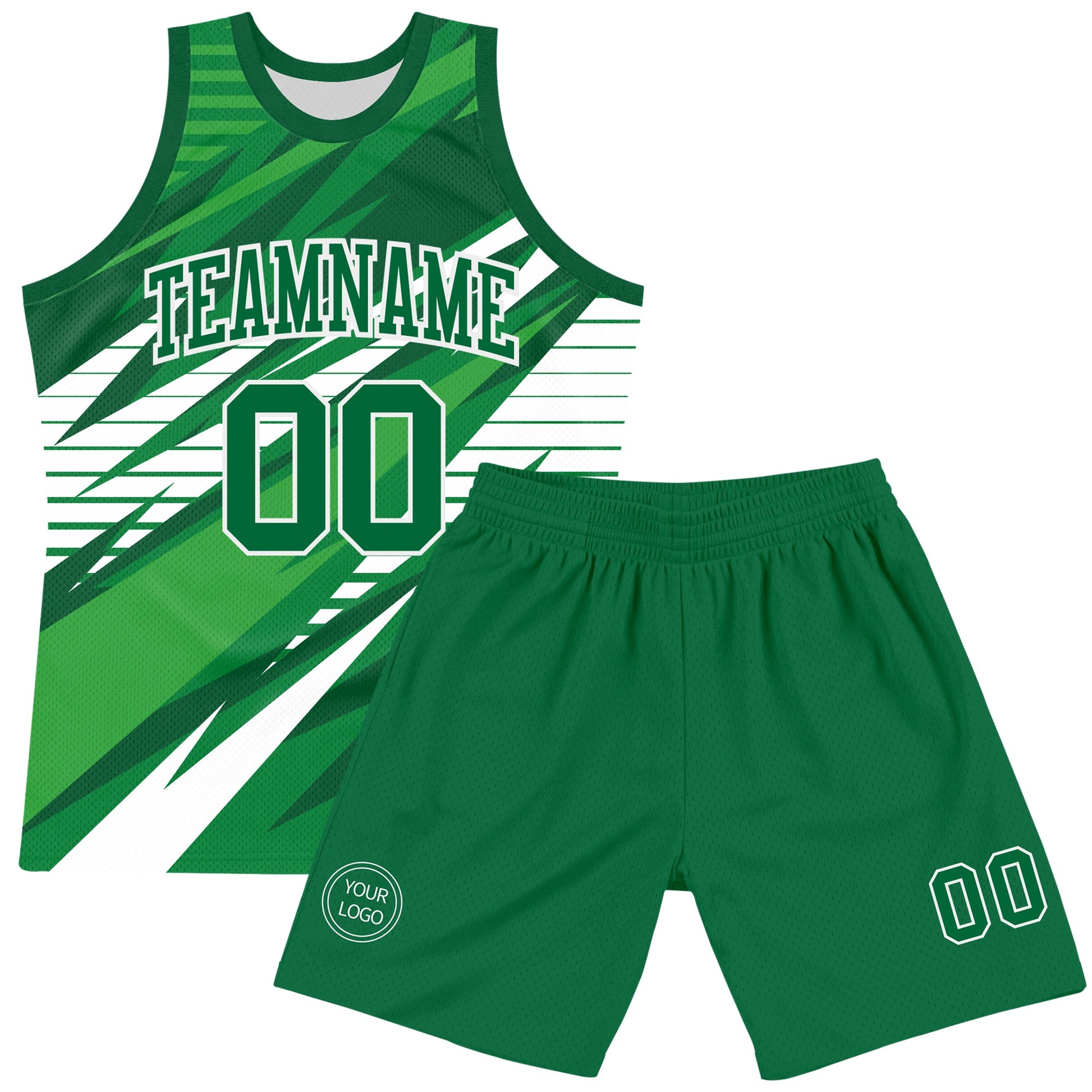 Custom Kelly Green White Line Round Neck Sublimation Basketball Set Jersey view 2