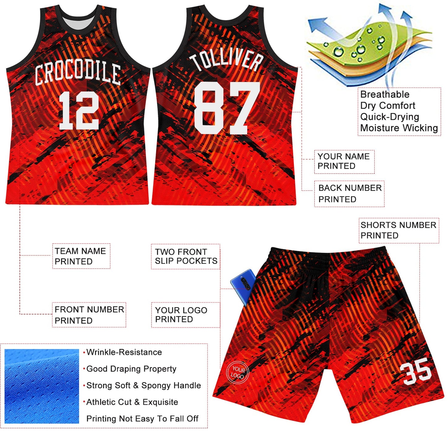 Custom Red White-Black Splash Round Neck Sublimation Basketball Set Jersey view 3