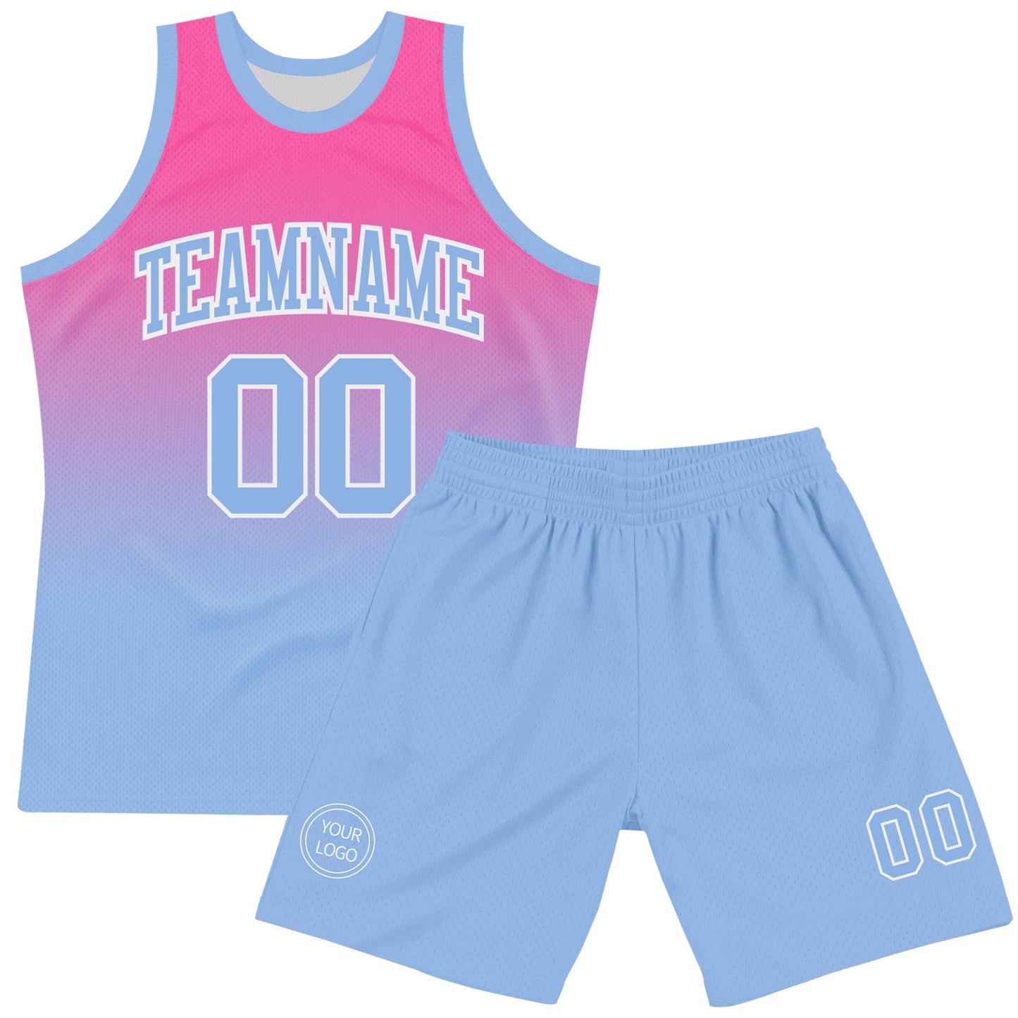 Custom Pink Light Blue-White Fade Fashion Round Neck Sublimation Basketball Set Jersey view 2
