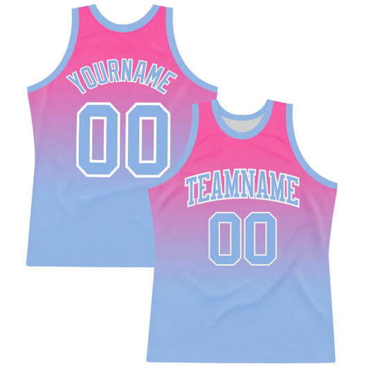 Custom Pink Light Blue-White Fade Fashion Round Neck Sublimation Basketball Set Jersey - Main View