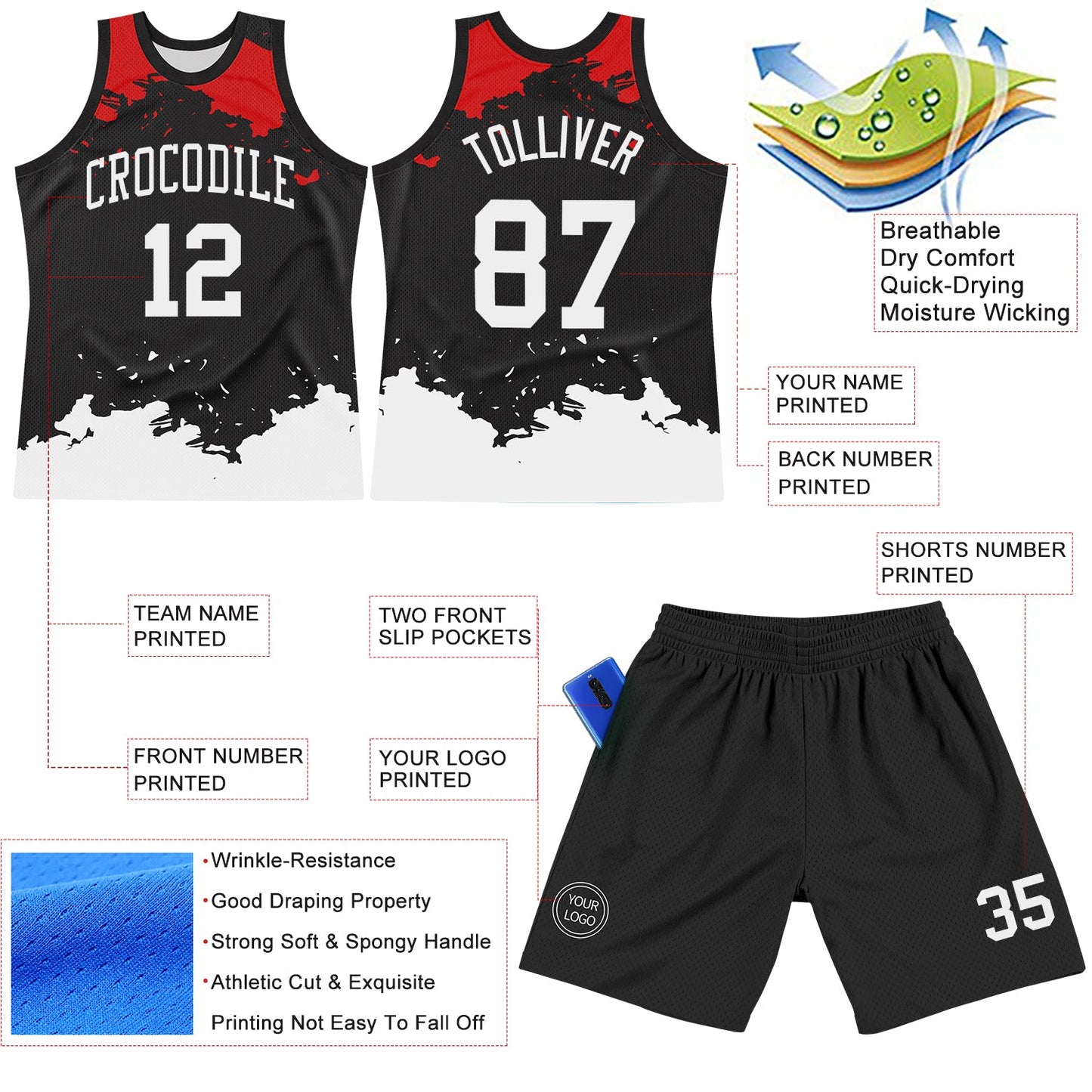 Custom Black White-Red Fragment Art Round Neck Sublimation Basketball Set Jersey view 3