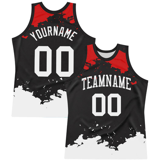 Custom Black White-Red Fragment Art Round Neck Sublimation Basketball Set Jersey - Main View