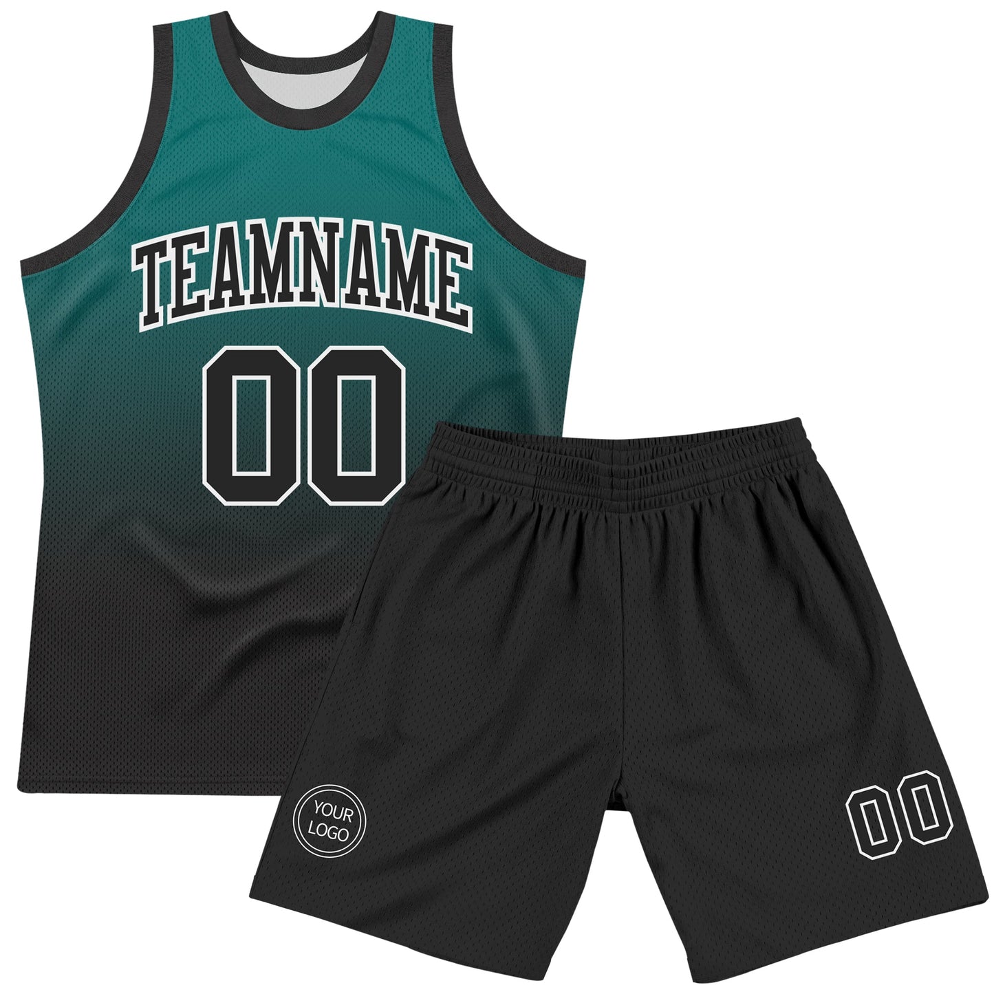 Custom Teal Black-White Fade Fashion Round Neck Sublimation Basketball Set Jersey view 2