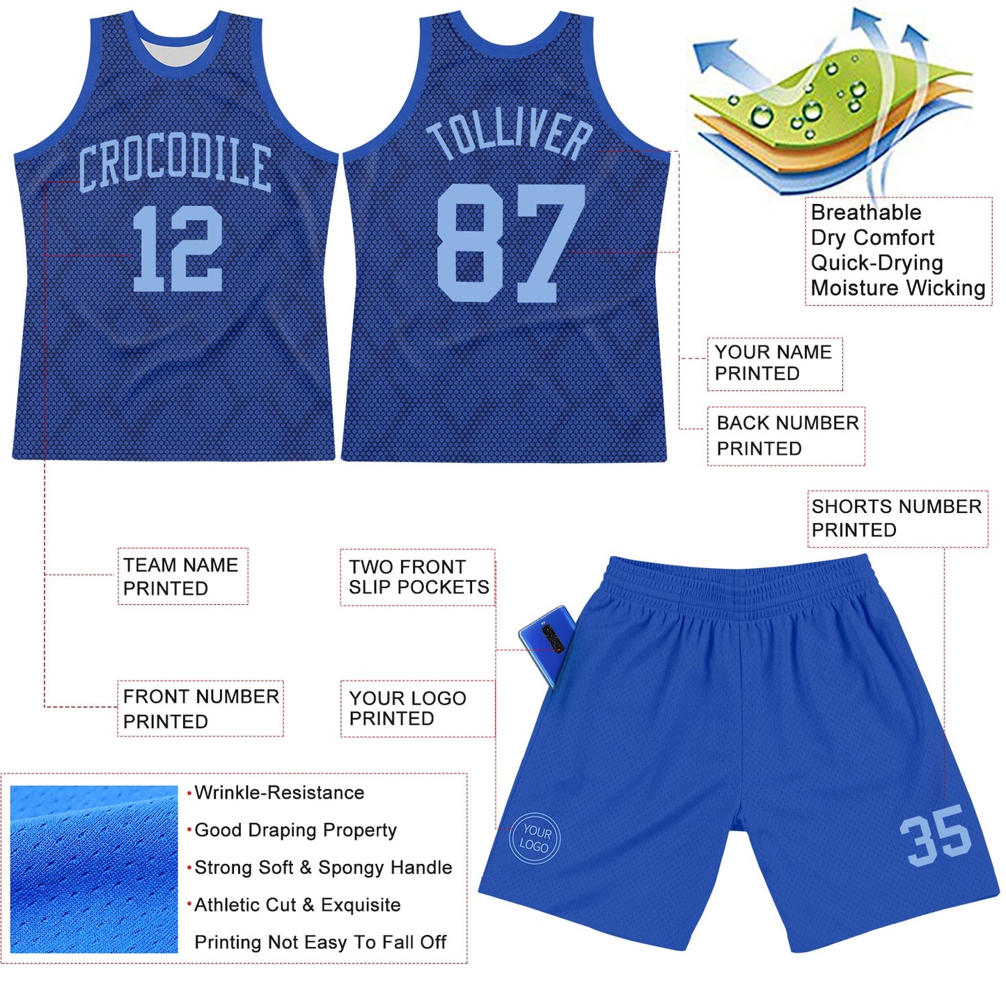 Custom Royal Light Blue Dot Round Neck Sublimation Basketball Set Jersey view 3