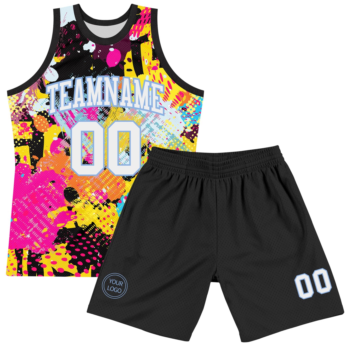 Custom Graffiti Pattern White-Light Blue Splash Round Neck Sublimation Basketball Set Jersey view 2