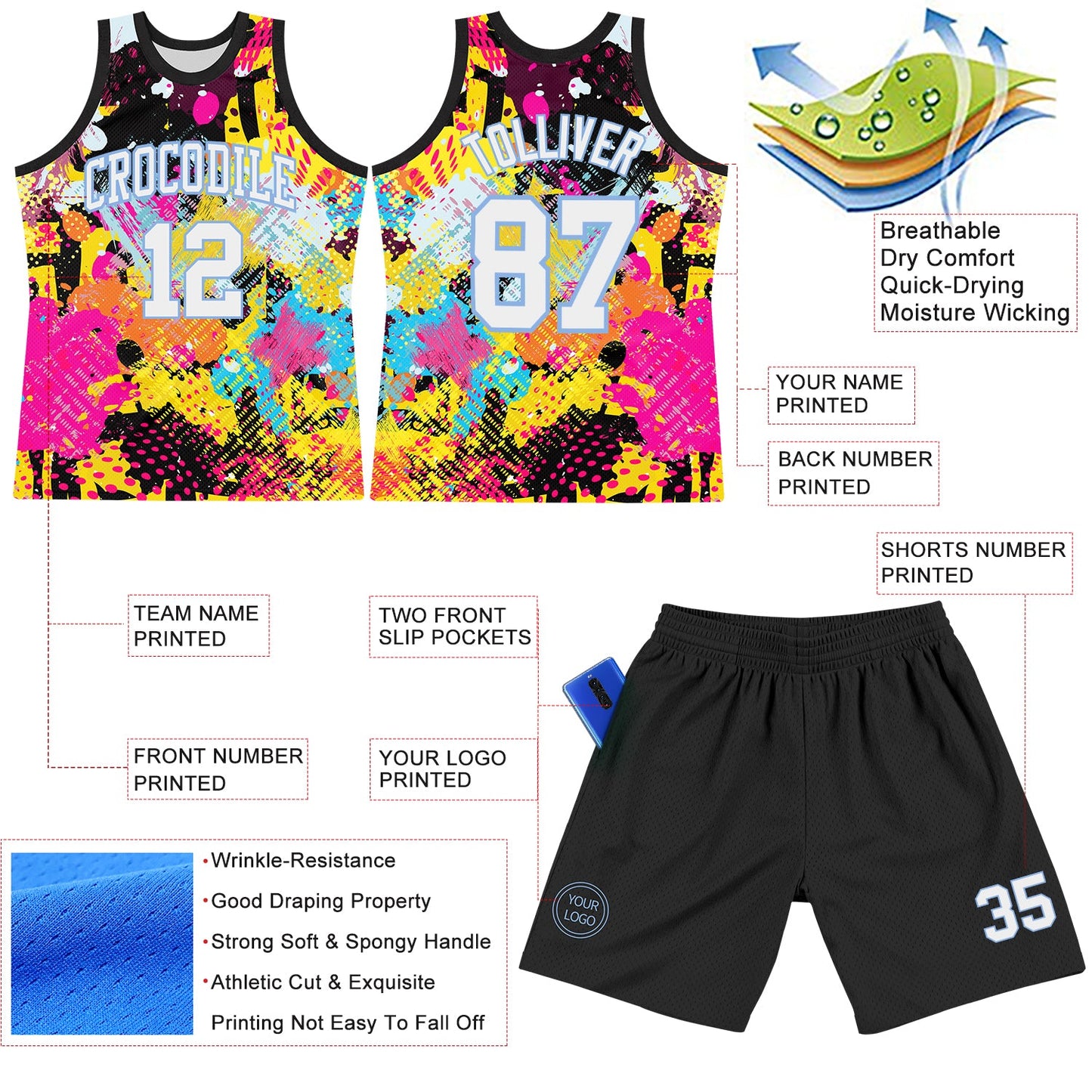 Custom Graffiti Pattern White-Light Blue Splash Round Neck Sublimation Basketball Set Jersey view 3