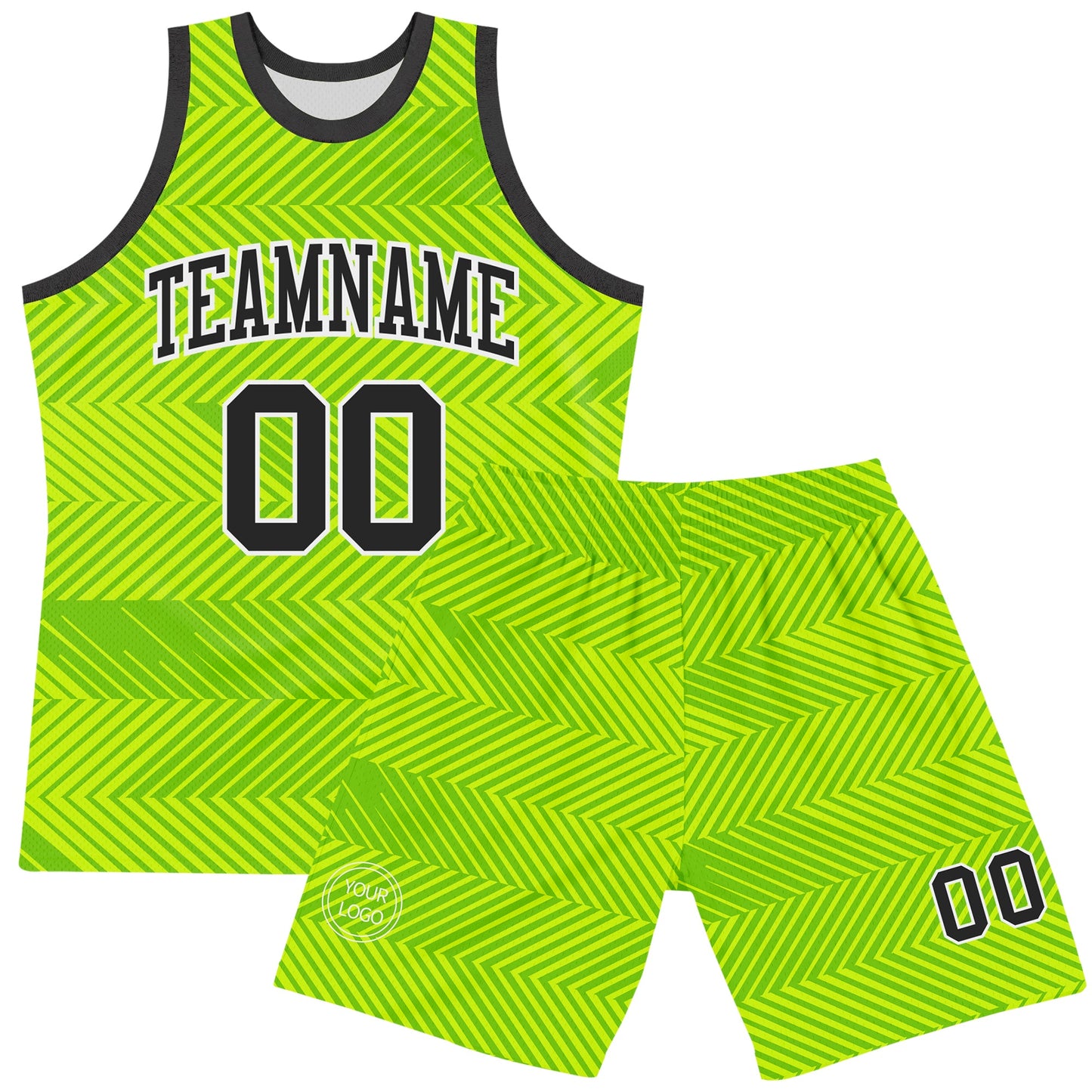 Custom Neon Green Black-White Line Round Neck Sublimation Basketball Set Jersey view 2