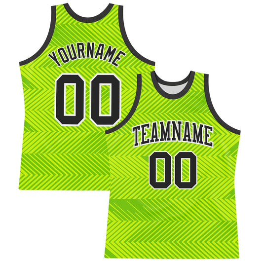 Custom Neon Green Black-White Line Round Neck Sublimation Basketball Set Jersey - Main View