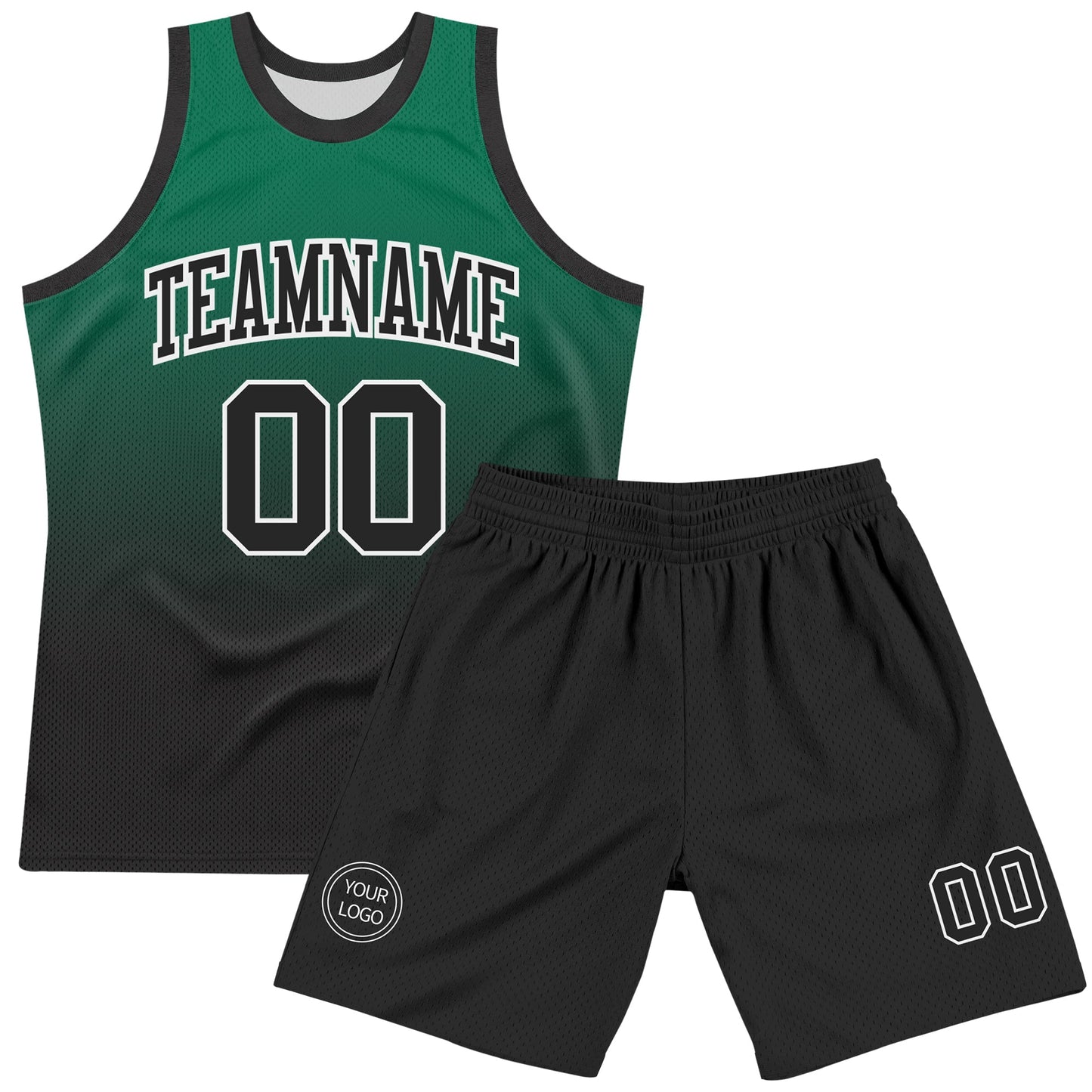 Custom Kelly Green Black-White Fade Fashion Round Neck Sublimation Basketball Set Jersey view 2