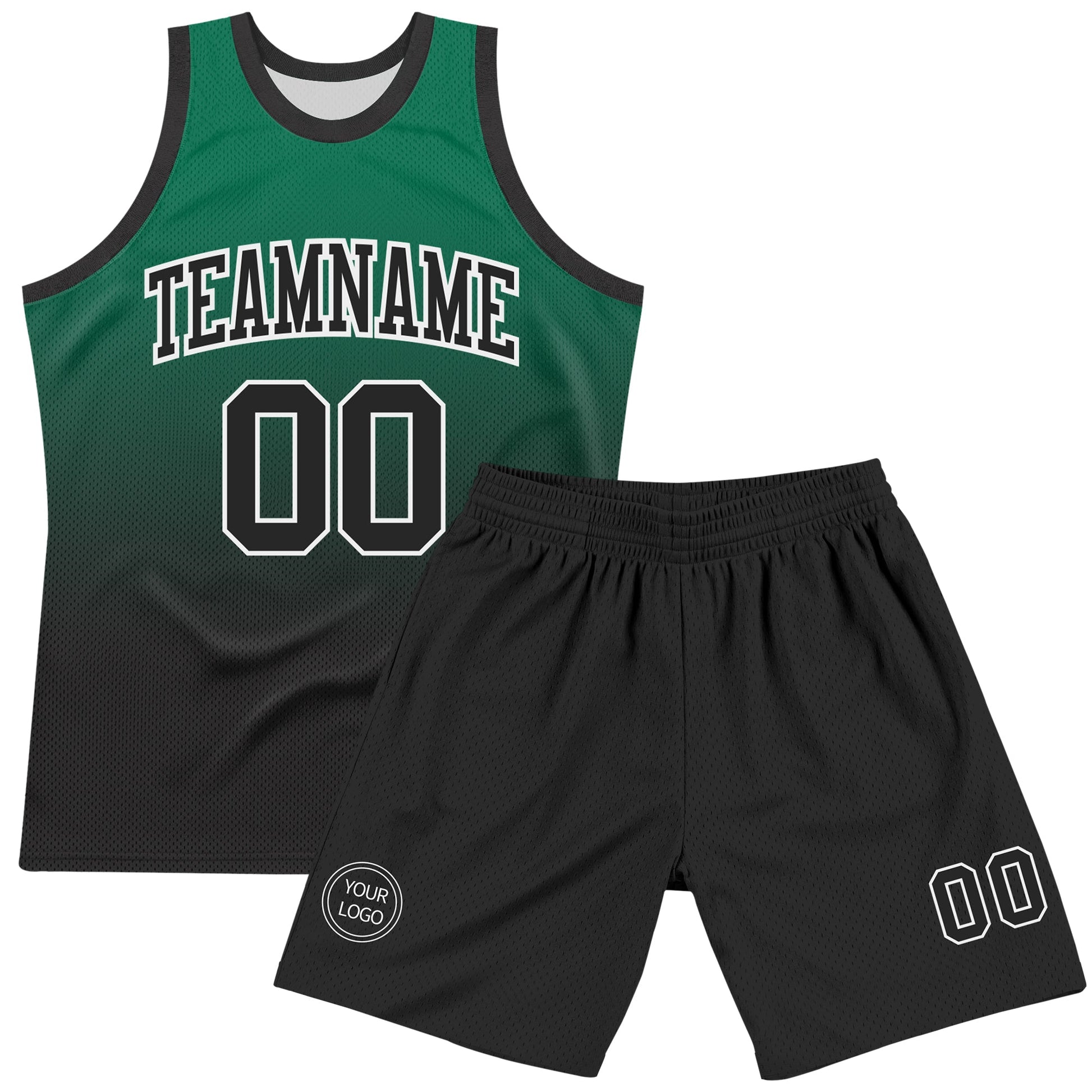 Custom Kelly Green Black-White Fade Fashion Round Neck Sublimation Basketball Set Jersey view 2