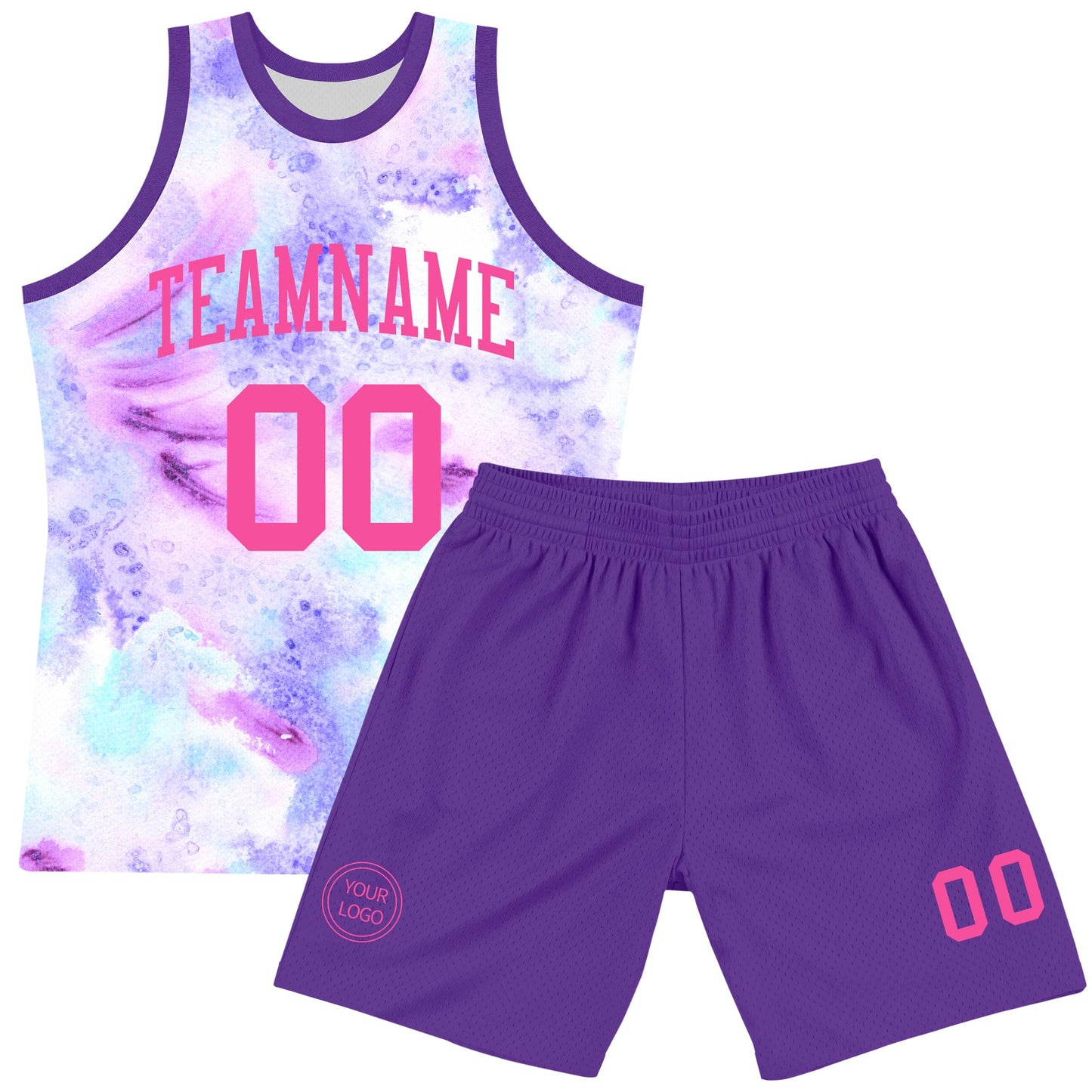 Custom Tie Dye Pink-Purple Round Neck Sublimation Basketball Set Jersey view 2