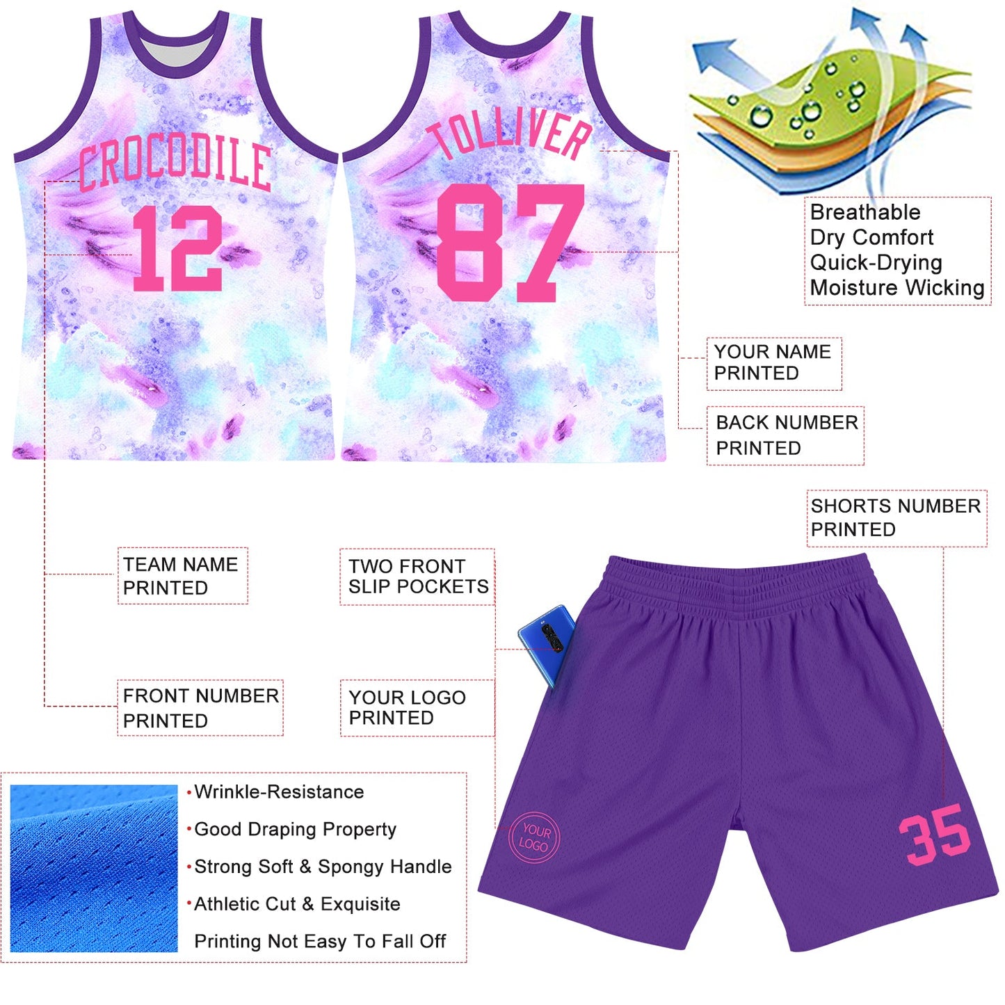 Custom Tie Dye Pink-Purple Round Neck Sublimation Basketball Set Jersey view 3