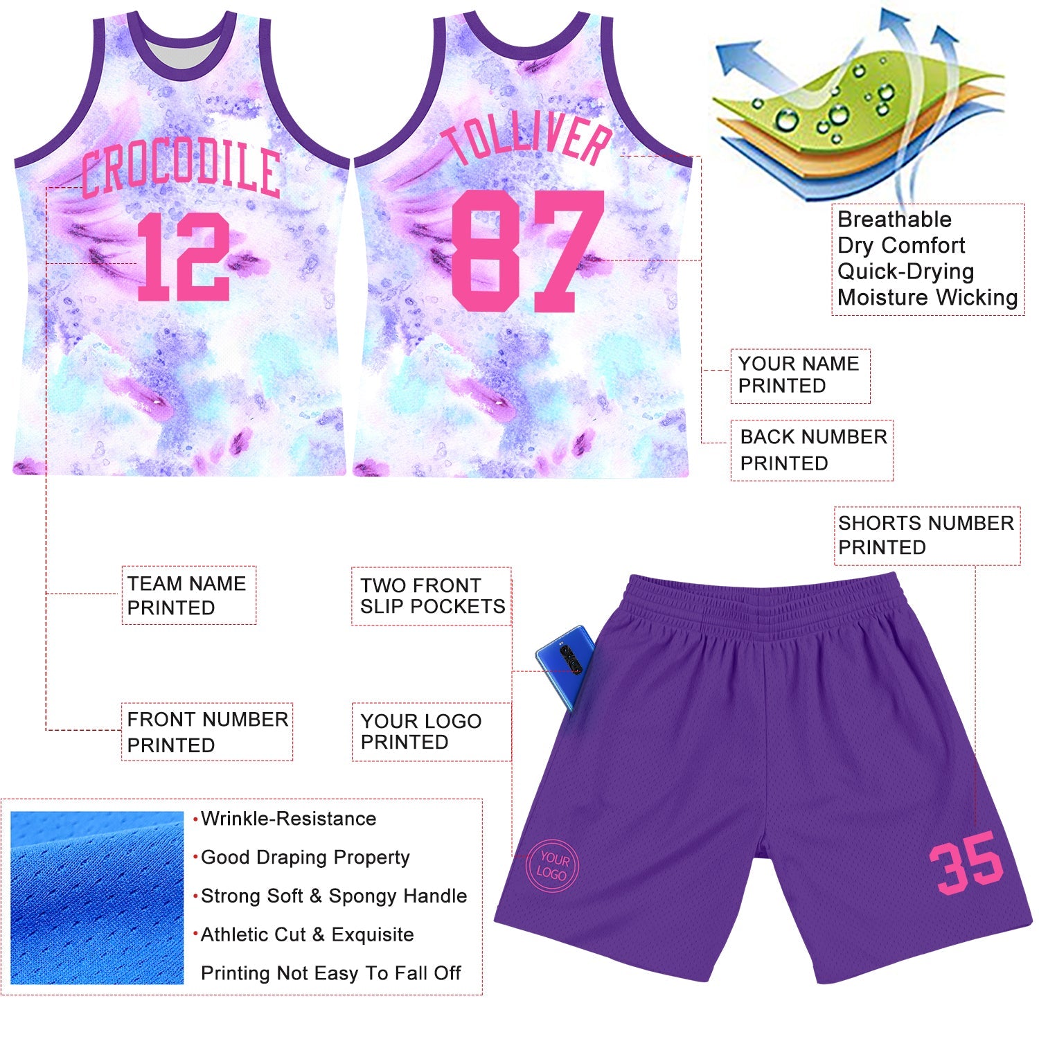 Custom Tie Dye Pink-Purple Round Neck Sublimation Basketball Set Jersey view 3