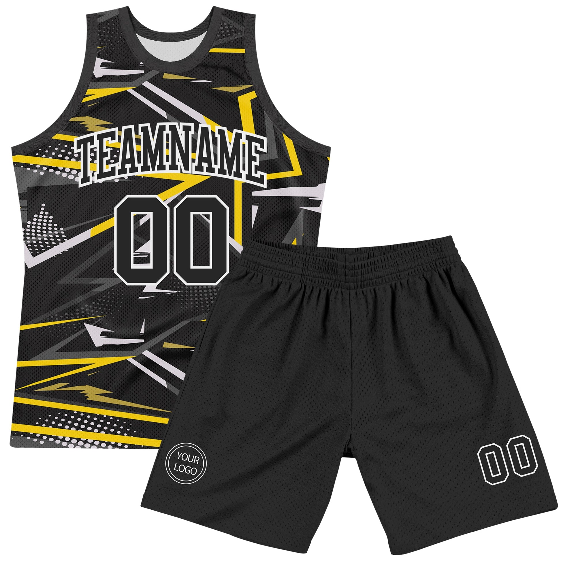 Custom Black Gold-White Line Round Neck Sublimation Basketball Set Jersey view 2