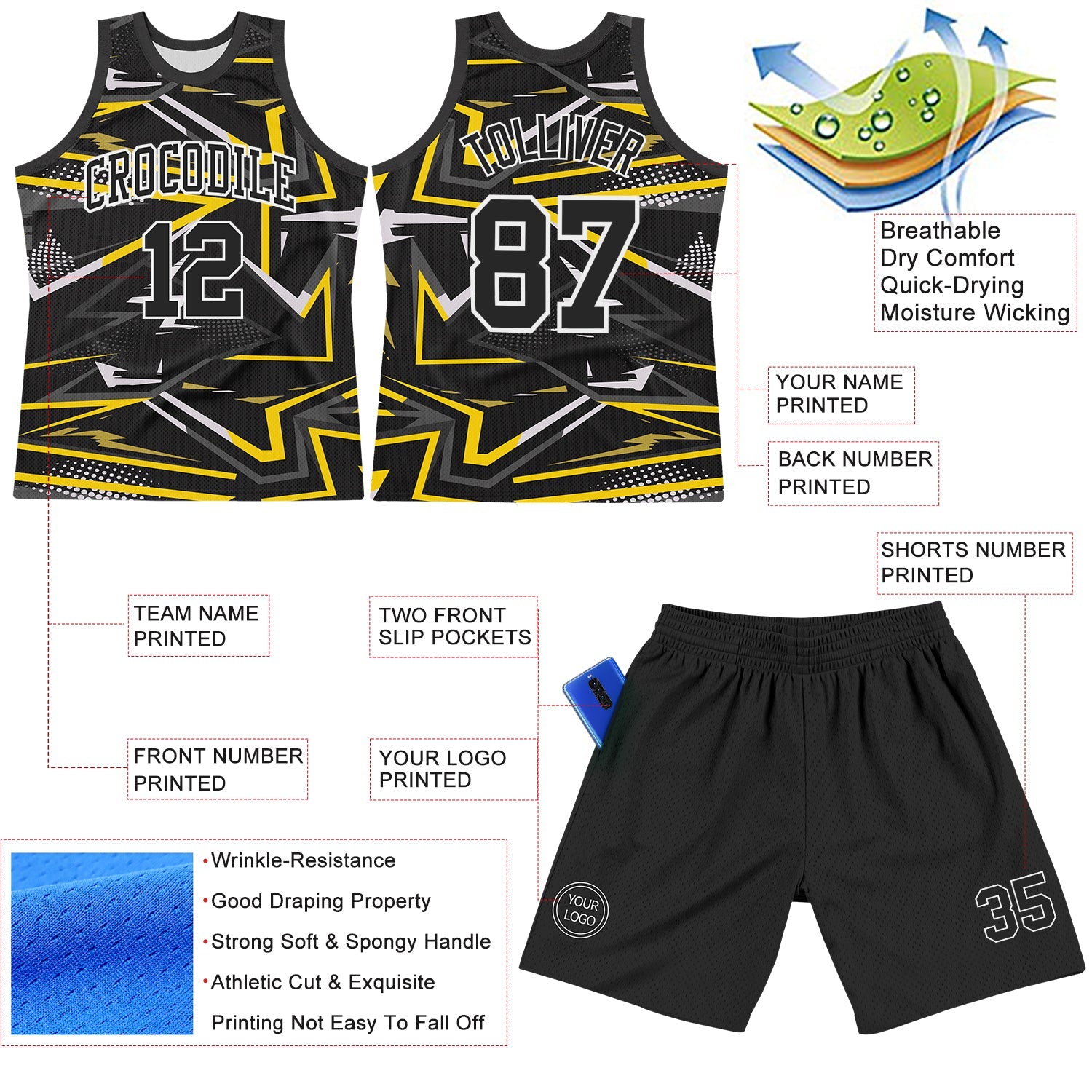 Custom Black Gold-White Line Round Neck Sublimation Basketball Set Jersey view 3