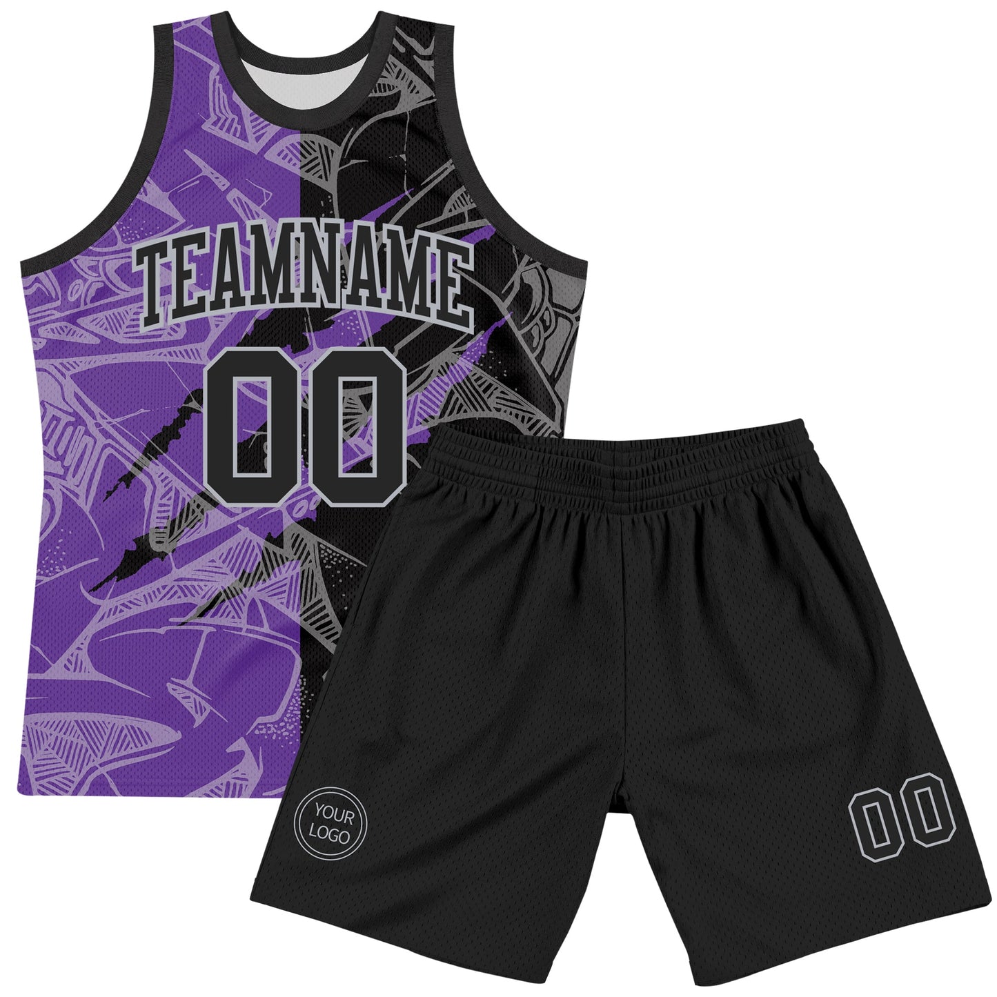 Custom Graffiti Pattern Black Purple-Gray Scratch Round Neck Sublimation Basketball Set Jersey view 2