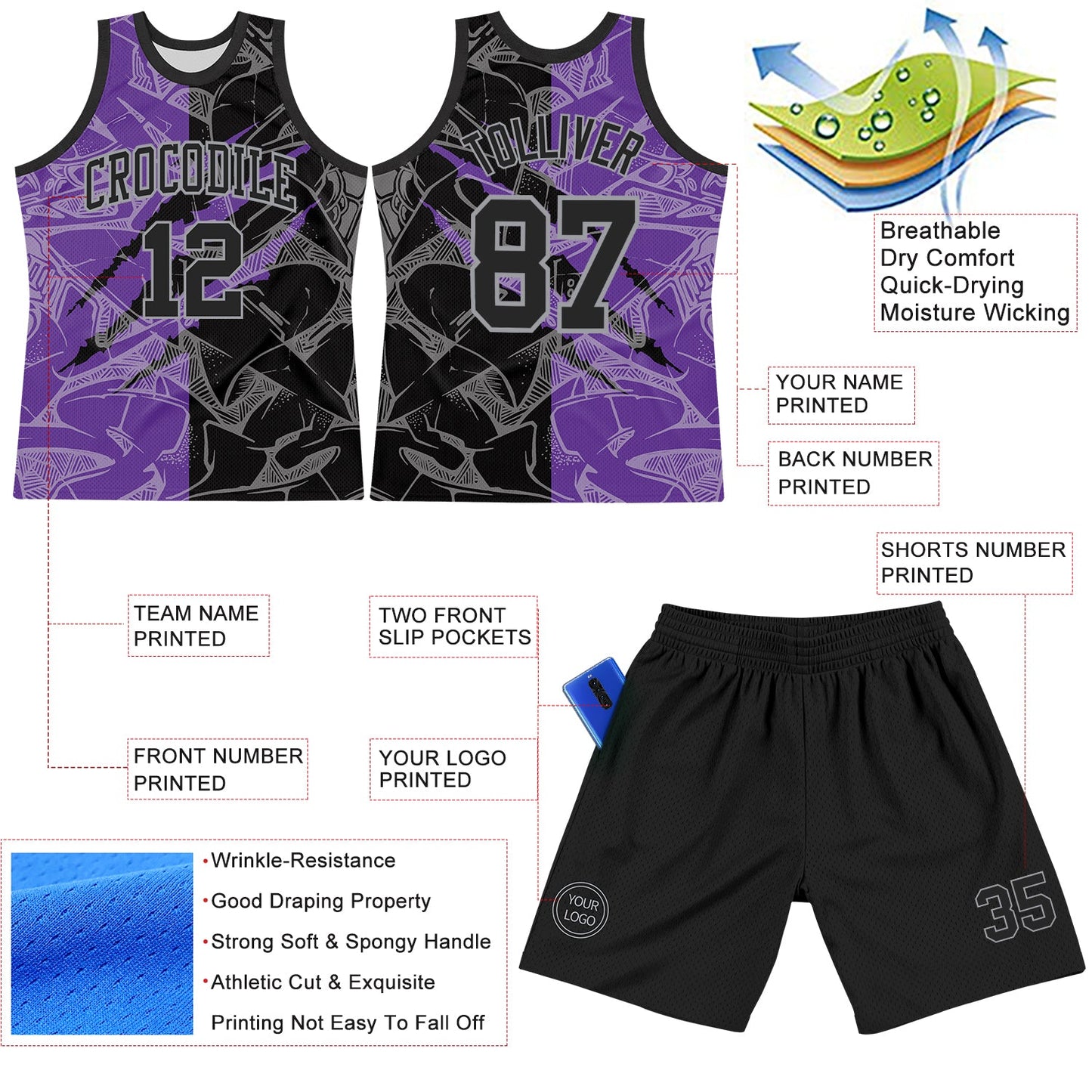 Custom Graffiti Pattern Black Purple-Gray Scratch Round Neck Sublimation Basketball Set Jersey view 3