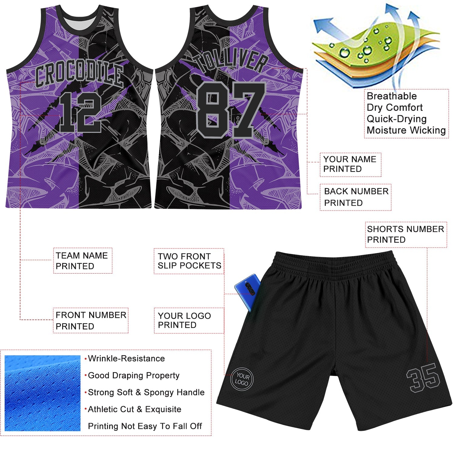 Custom Graffiti Pattern Black Purple-Gray Scratch Round Neck Sublimation Basketball Set Jersey view 3