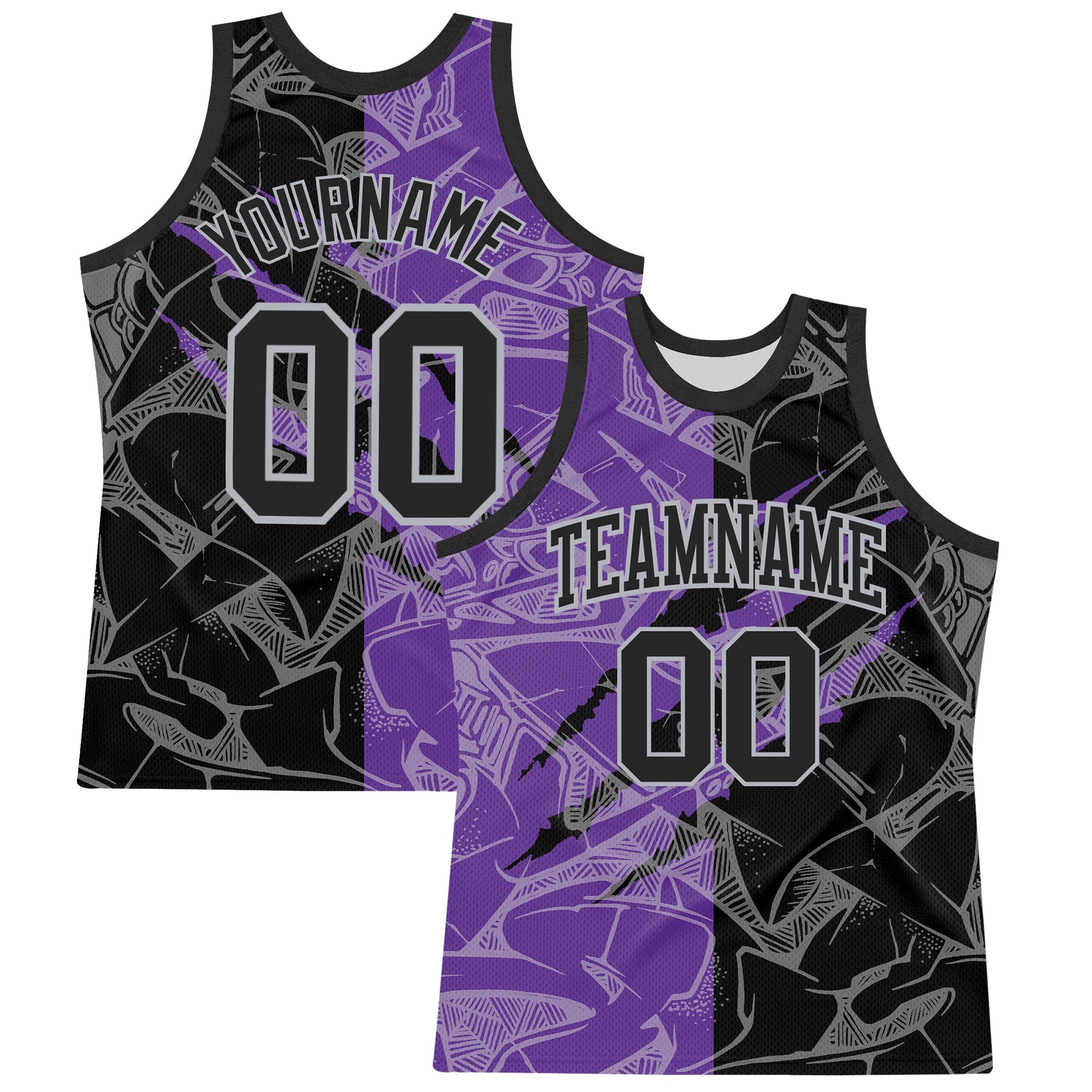 Custom Graffiti Pattern Black Purple-Gray Scratch Round Neck Sublimation Basketball Set Jersey - Main View