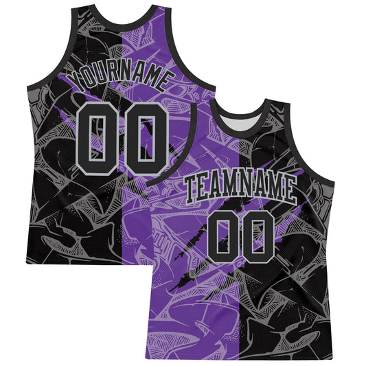 Custom Graffiti Pattern Black Purple-Gray Scratch Round Neck Sublimation Basketball Set Jersey - Main View