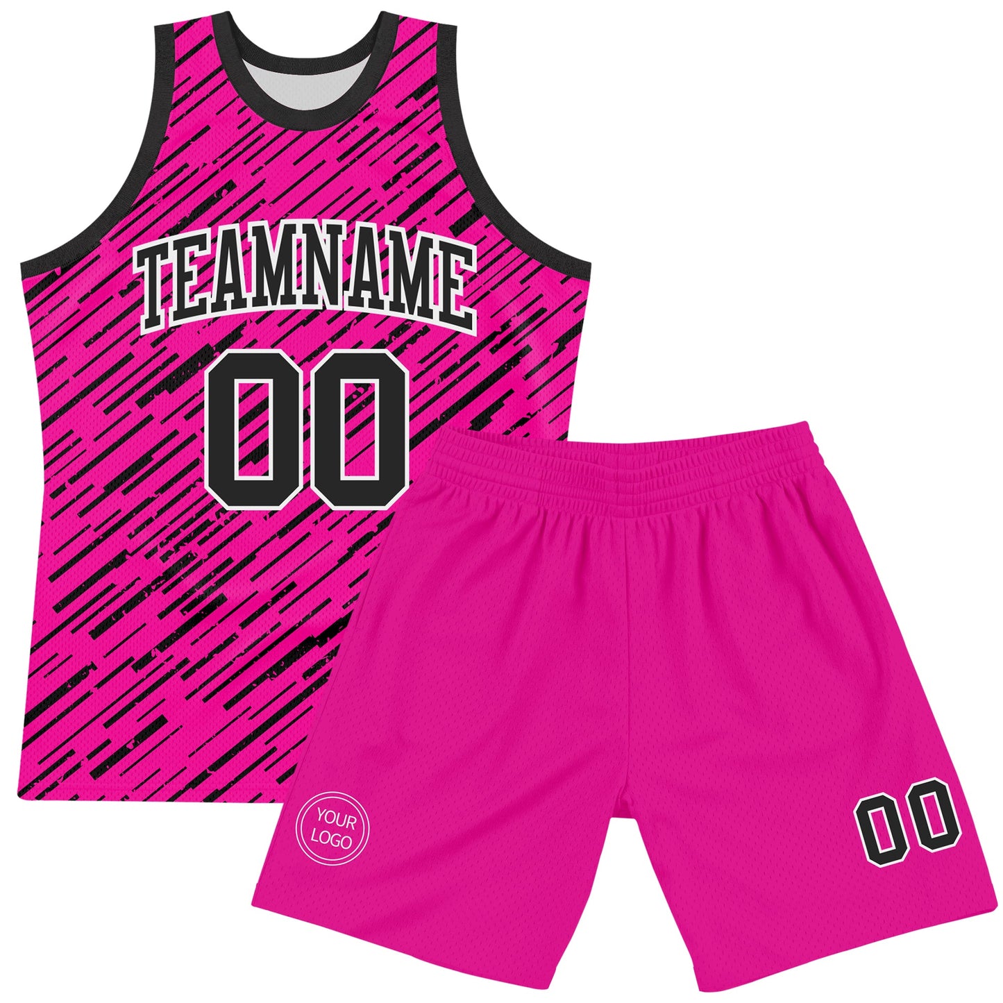 Custom Pink Black-White Line Round Neck Sublimation Basketball Set Jersey view 2