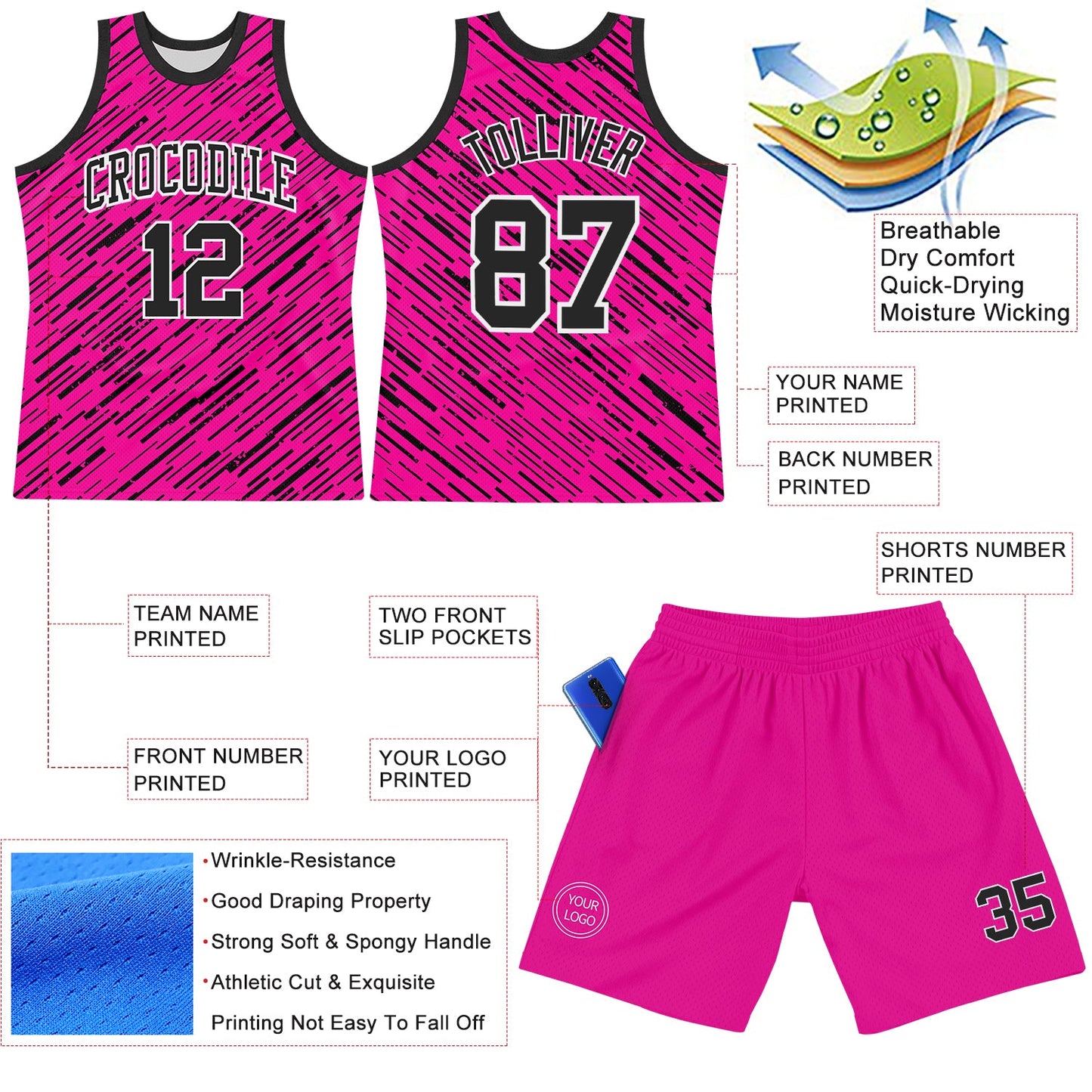 Custom Pink Black-White Line Round Neck Sublimation Basketball Set Jersey view 3