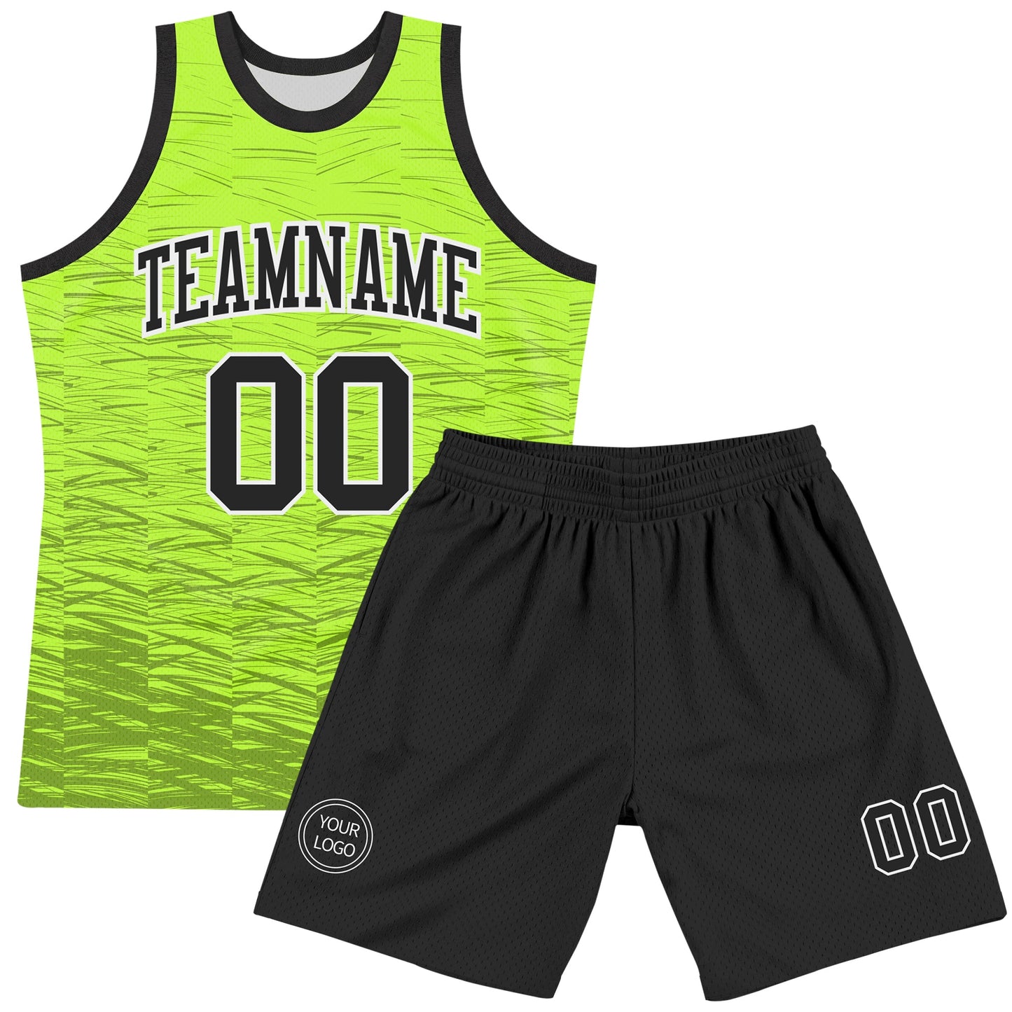 Custom Neon Green Black-White Line Round Neck Sublimation Basketball Set Jersey view 2