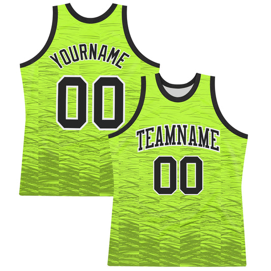 Custom Neon Green Black-White Line Round Neck Sublimation Basketball Set Jersey - Main View