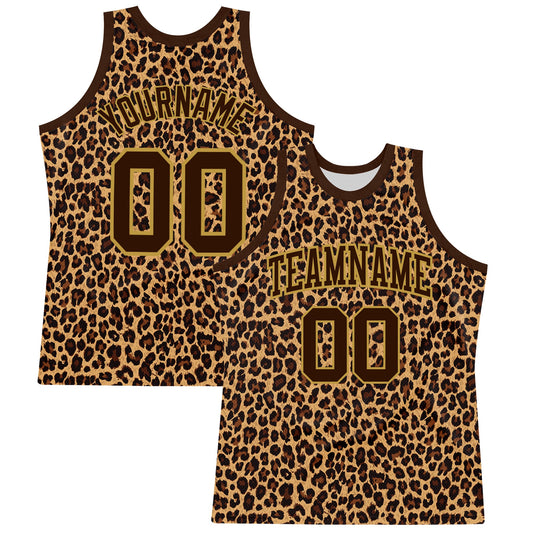 Custom Brown Old Gold Leopard Print Round Neck Sublimation Basketball Set Jersey - Main View