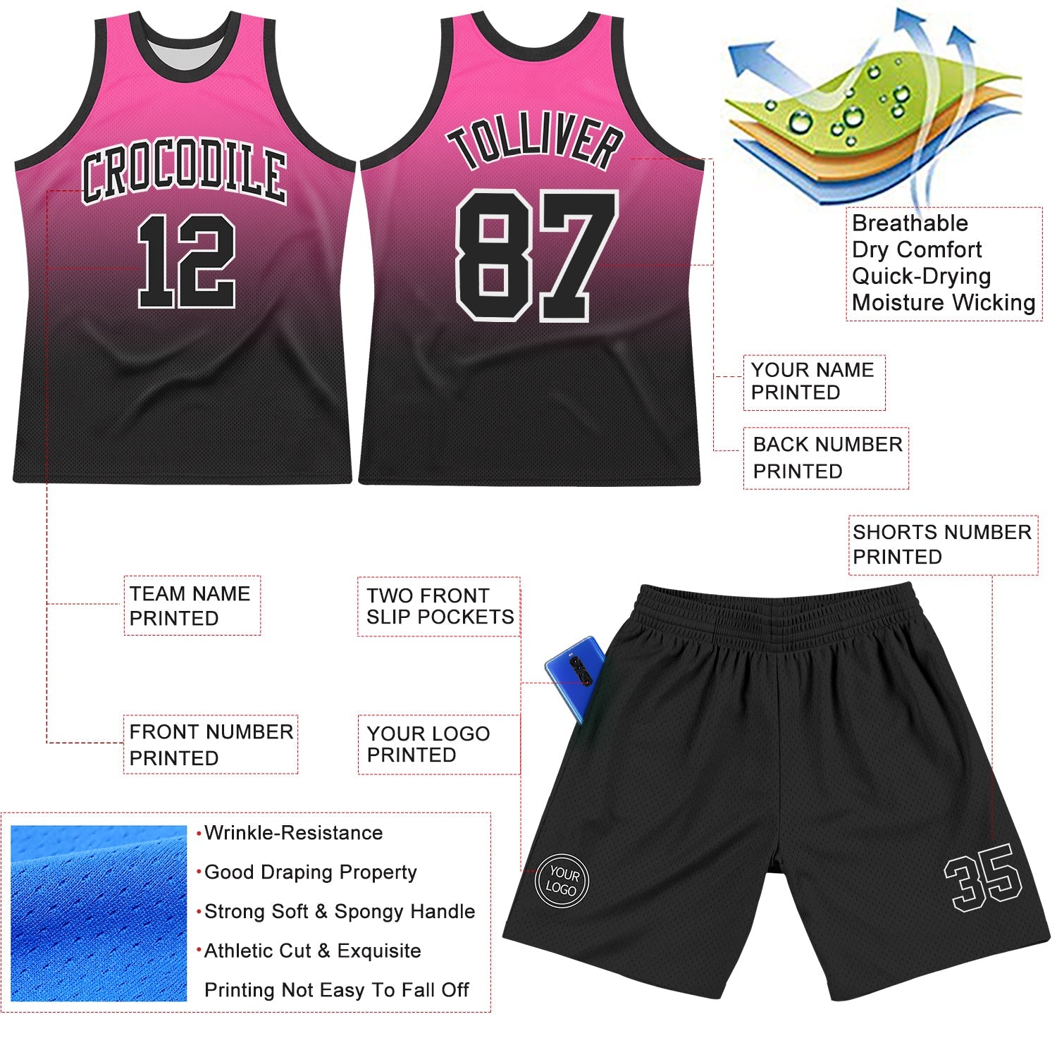 Custom Pink Black-White Fade Fashion Round Neck Sublimation Basketball Set Jersey view 3