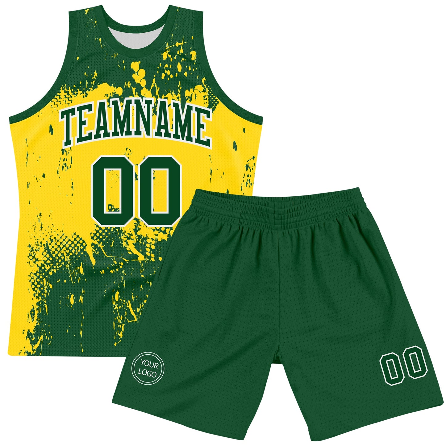 Custom Green Yellow-White Abstract Splatter Grunge Art Round Neck Sublimation Basketball Set Jersey view 2