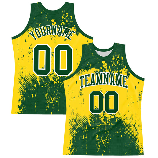 Custom Green Yellow-White Abstract Splatter Grunge Art Round Neck Sublimation Basketball Set Jersey - Main View
