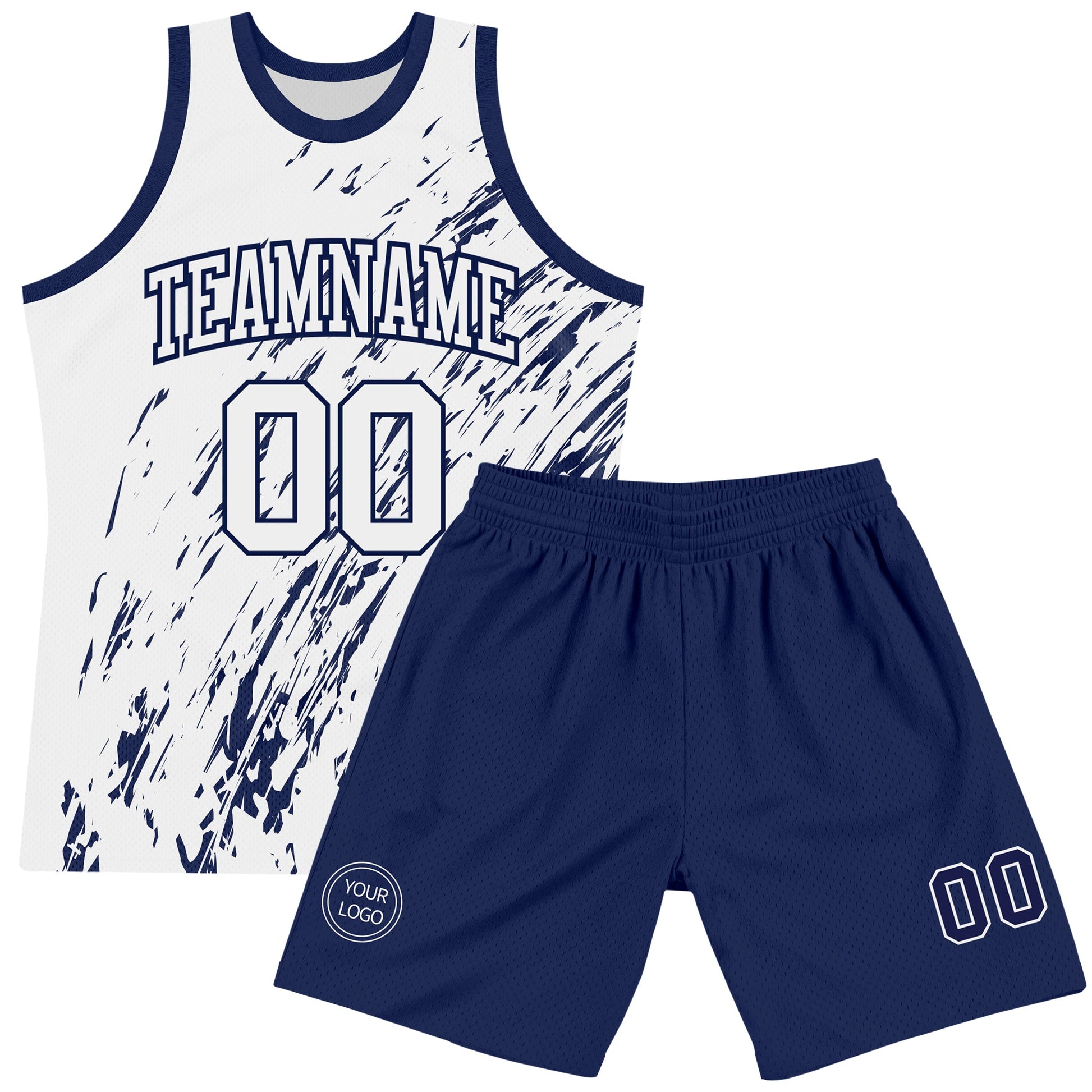 Custom White Navy Splash Round Neck Sublimation Basketball Set Jersey view 2