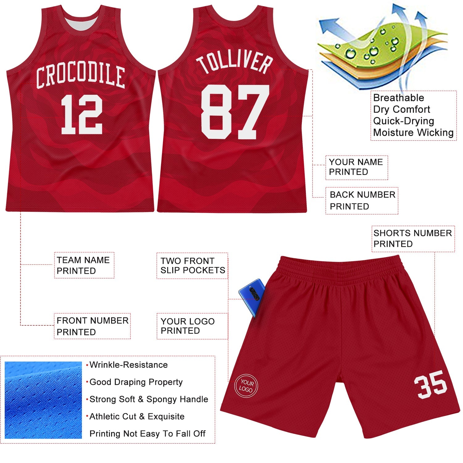 Custom Red White Fluid Art Round Neck Sublimation Basketball Set Jersey view 3